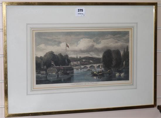 3 19th century hand coloured steel engravings, views along the Thames and St Jamess, 25 x 42cm